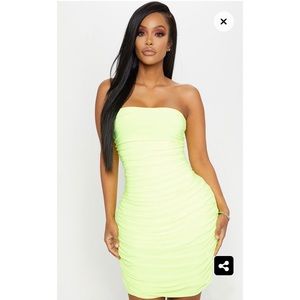 Neon Yellow Slinky Bandeau Ruched Dress